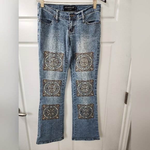 *Funhouse Platinum Denim Light Wash Blue w/ Bandana Patchwork Jeans Size SZ 3* - Picture 1 of 7